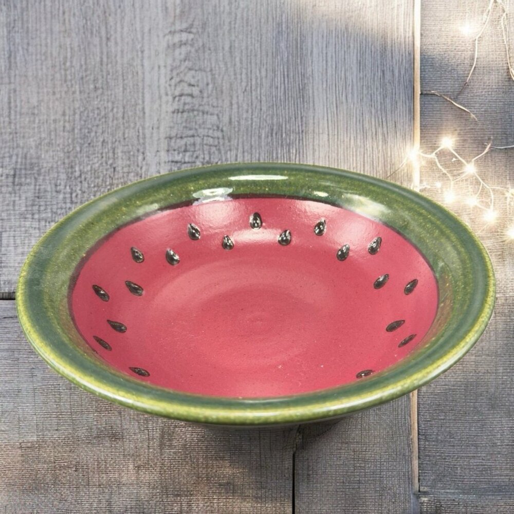 Hand Made Studio Art Pottery Deep Dish Bowl Watermelon Shaped Artist Signed VTG